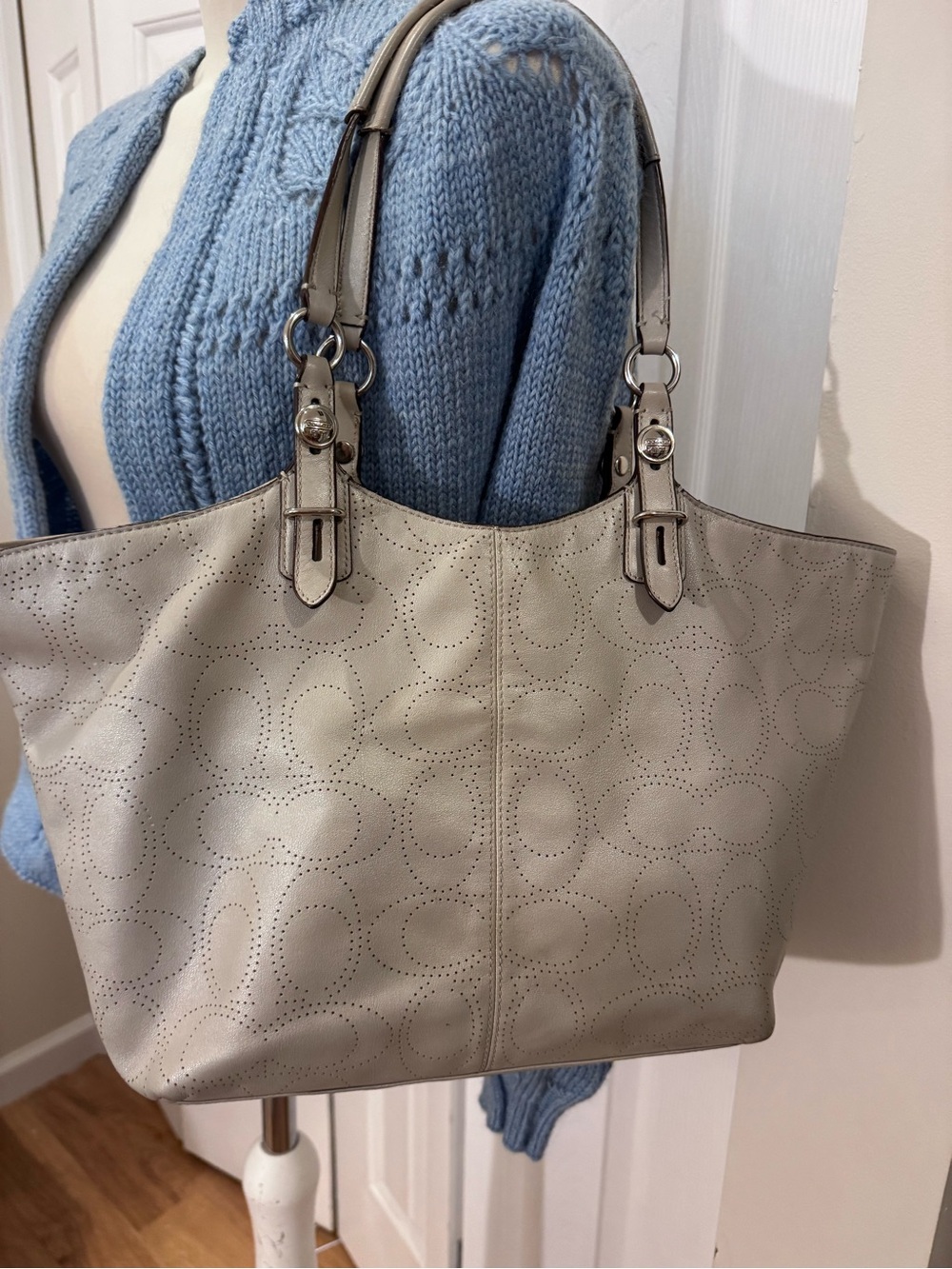 Coach Carly F16598 Pearlized Gray Perforated Signature Leather Tote Carryall Bag - Picture 2 of 16